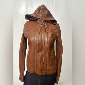 Mike & Chris Chestnut Brown Women's Genuine Leather Full Zipper Hooded Jacket M